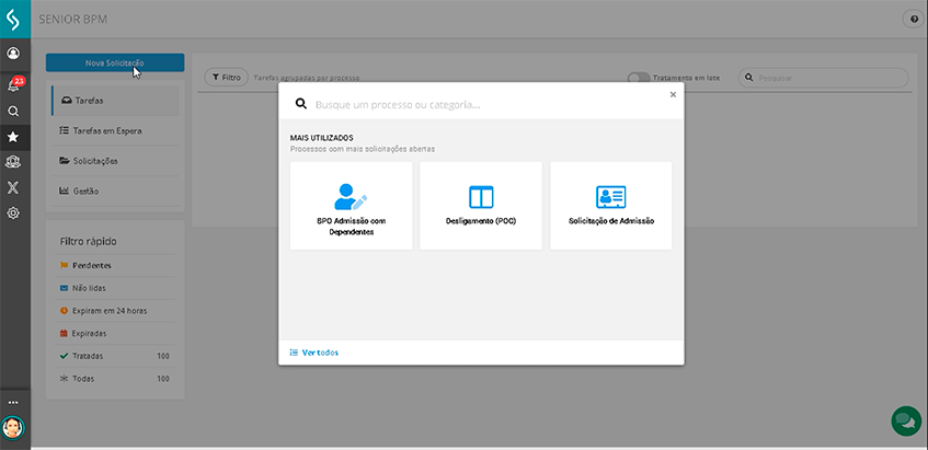 Tela Fluxos Integrados do BPM