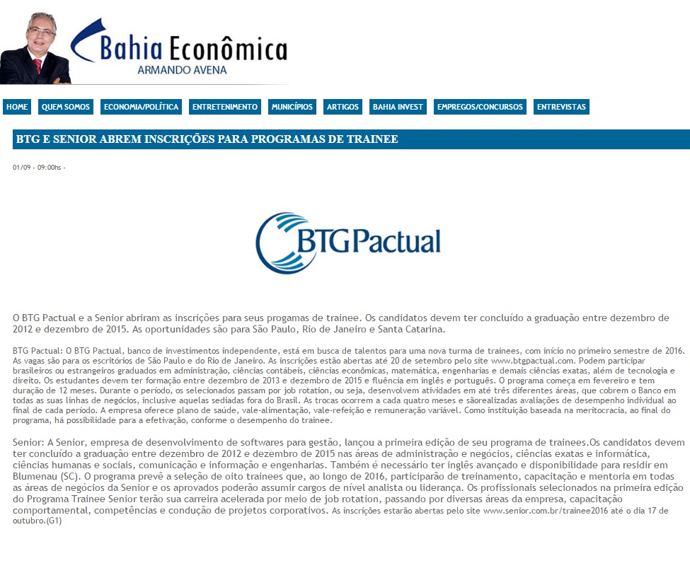 BTG e SENIOR abrem inscrições para programas de trainee