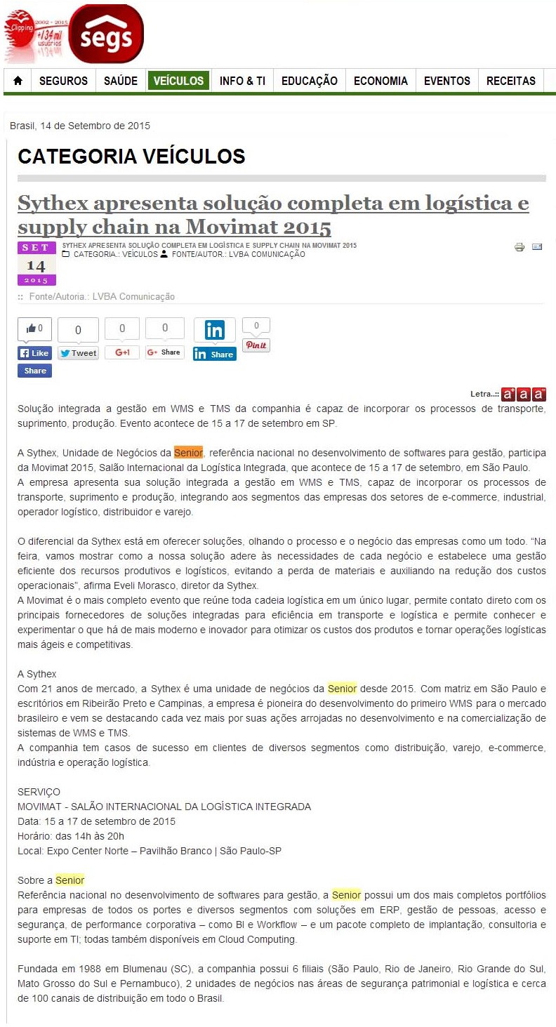 Sythex apresenta solução completa em logística e supply chain na Movimat 2015