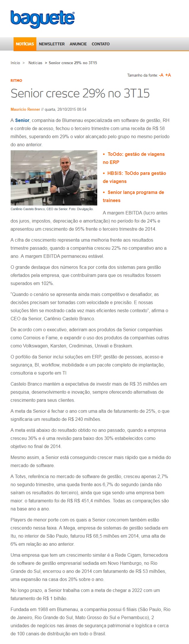 Senior cresce 29% no 3T15