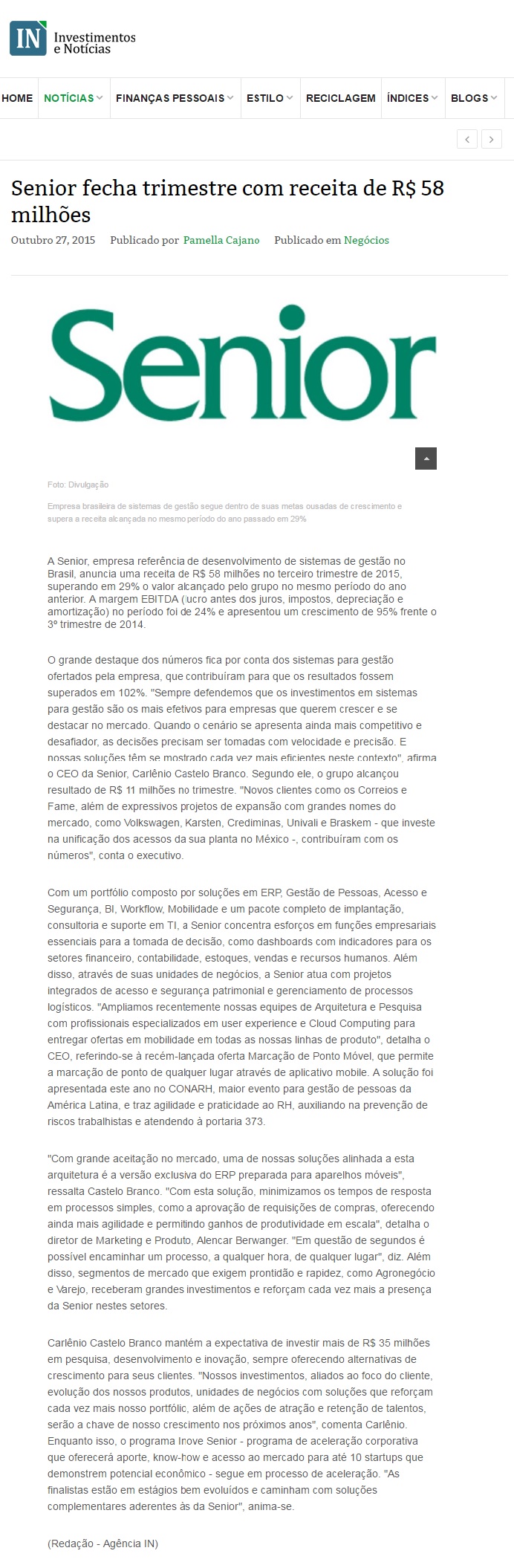 Senior fecha trimestre com receita de R$ 58 milhões
