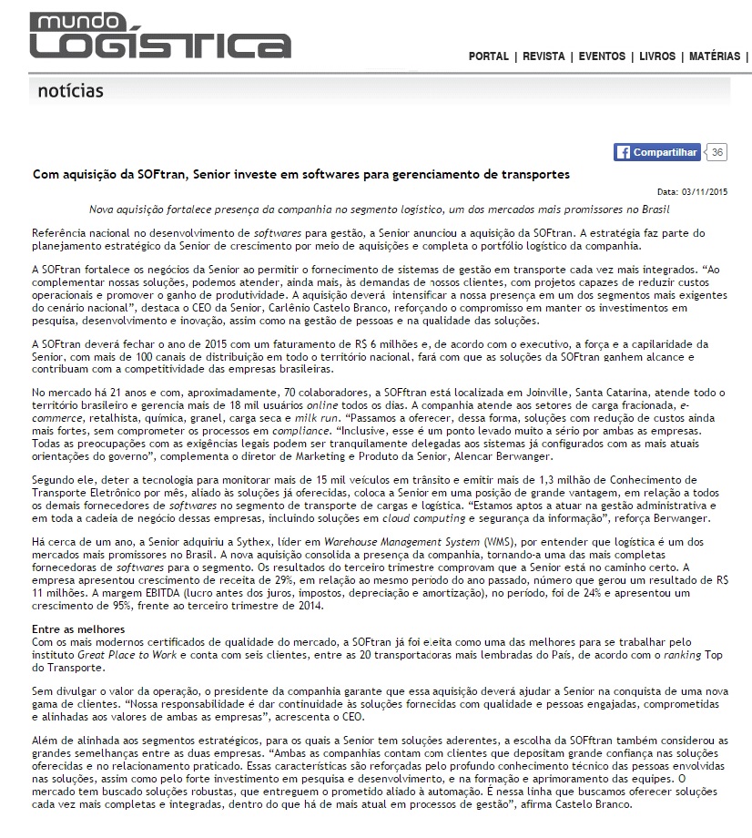 Com aquisição da SOFtran, Senior investe em softwares para gerenciamento de transportes