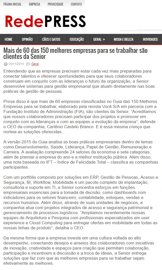 Mais de 60 das 150 melhores empresas para se trabalhar são clientes da Senior