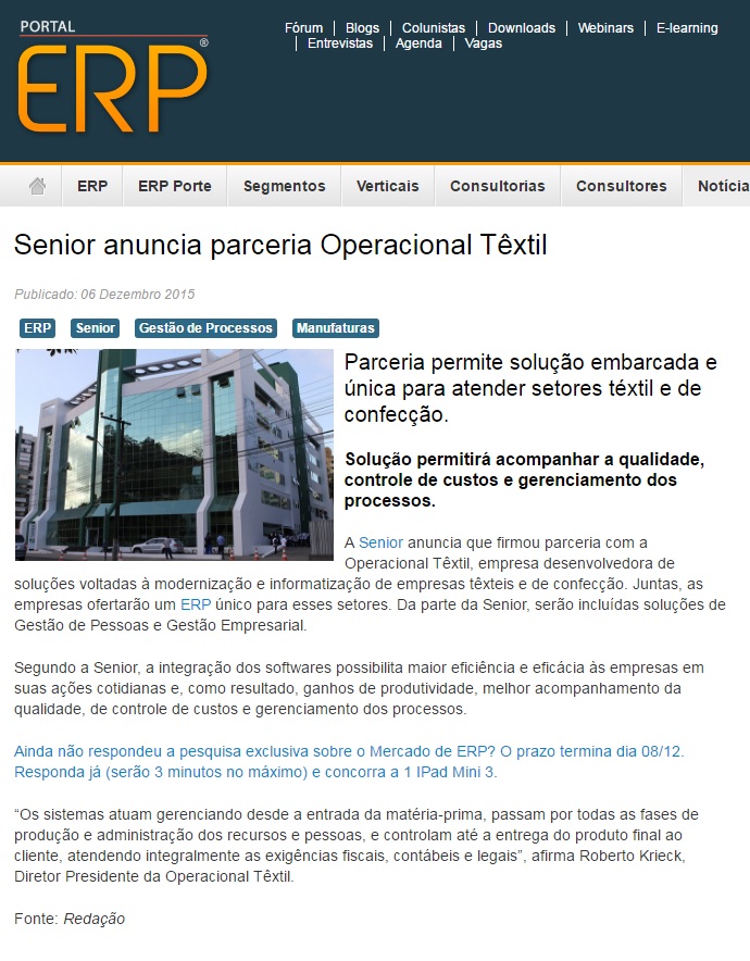 Senior anuncia parceria Operacional Têxtil