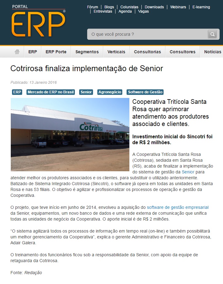 Cotrirosa finaliza implementação de Senior