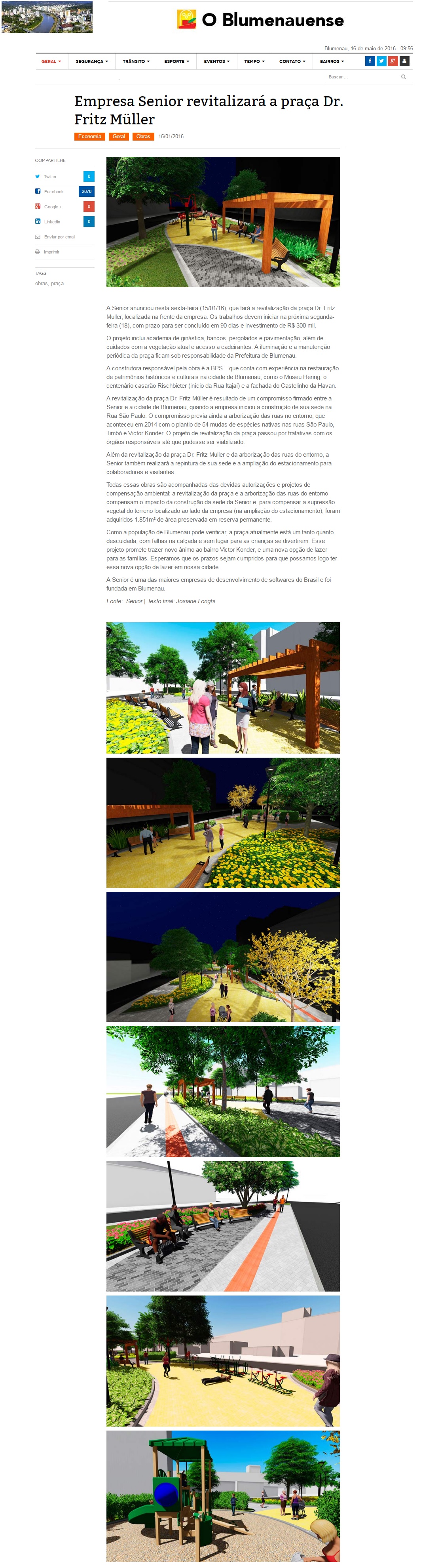 Empresa Senior revitalizará a praça Dr. Fritz Mueller