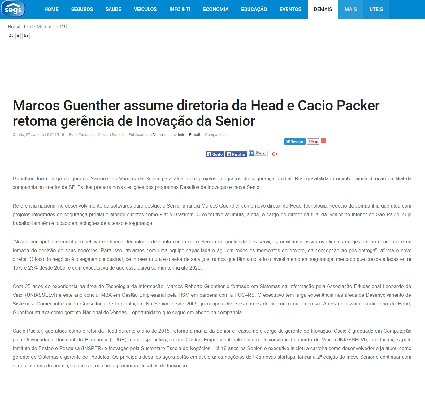 Marcos Guenther assume diretoria da Head e Cacio Packer retoma gerência de Inovação da Senior