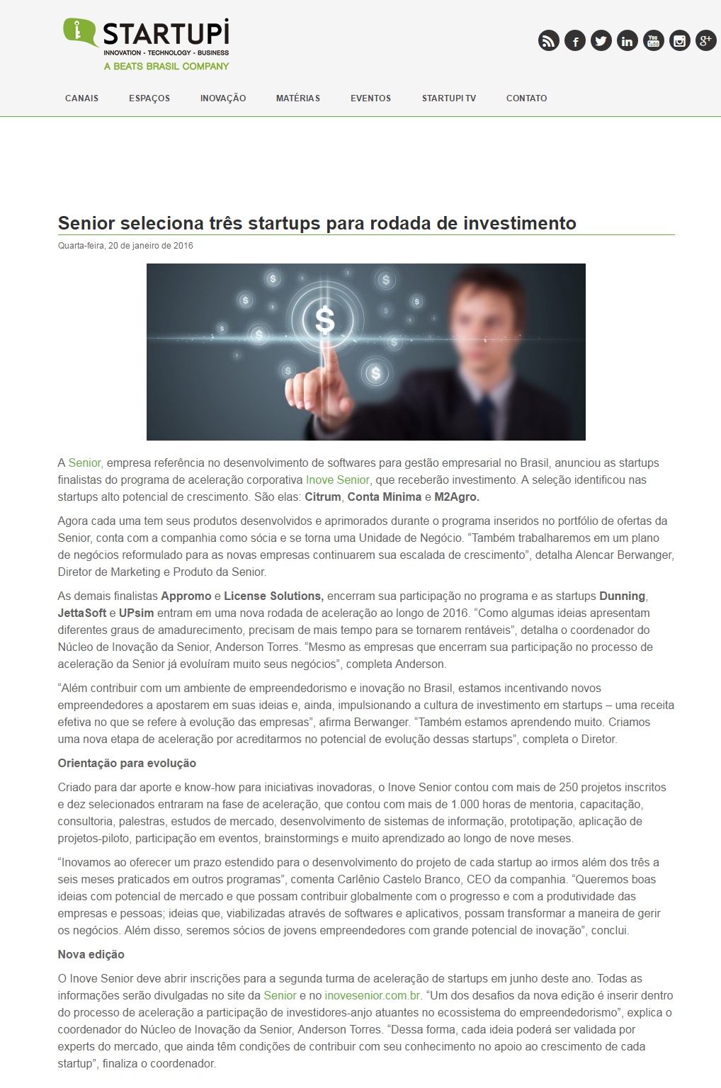 Senior seleciona três startups para rodada de investimento