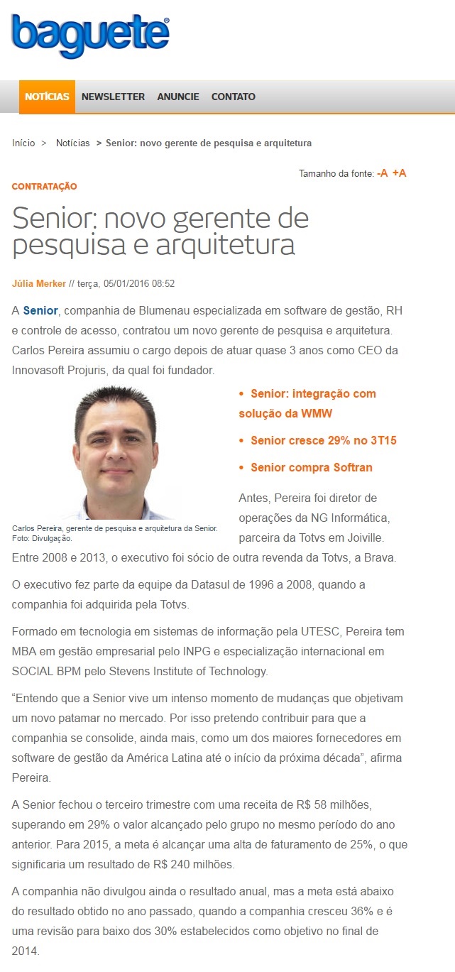Senior tem novo gerente de pesquisa e arquitetura
