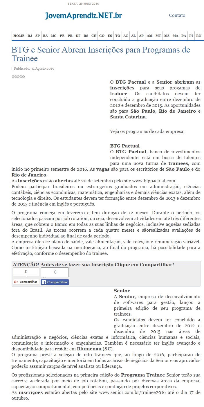 BTG e Senior Abrem Inscrições para Programas de Trainee