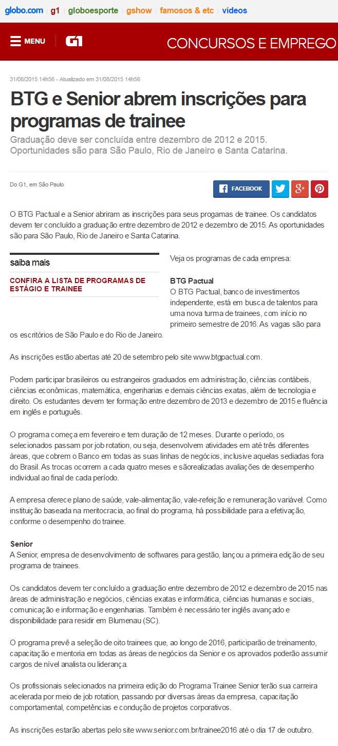 BTG e Senior abrem inscrições para programas de trainee