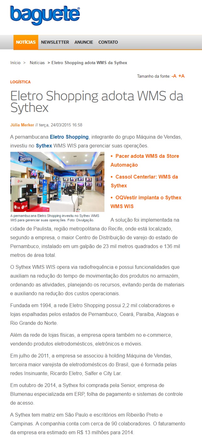 Eletro Shopping adota WMS da Sythex
