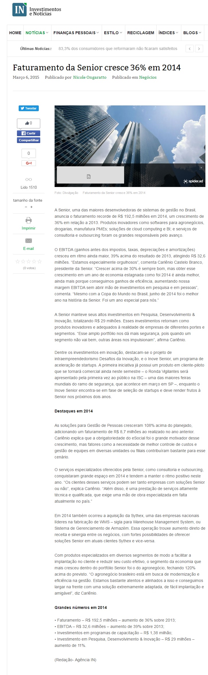 Faturamento da Senior cresce 36% em 2014