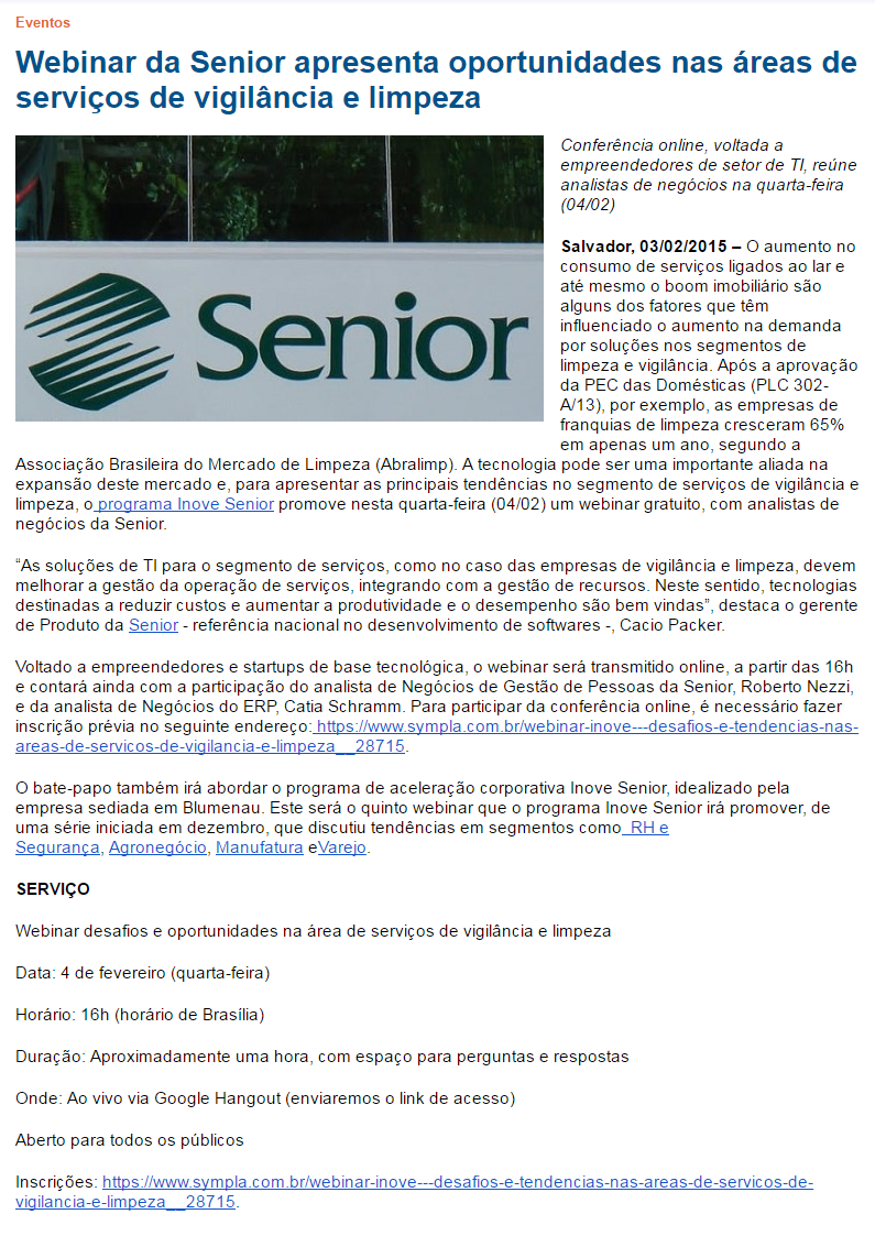 Webinar da Senior apresenta oportunidades nas áreas de serviços de vigilância e limpeza