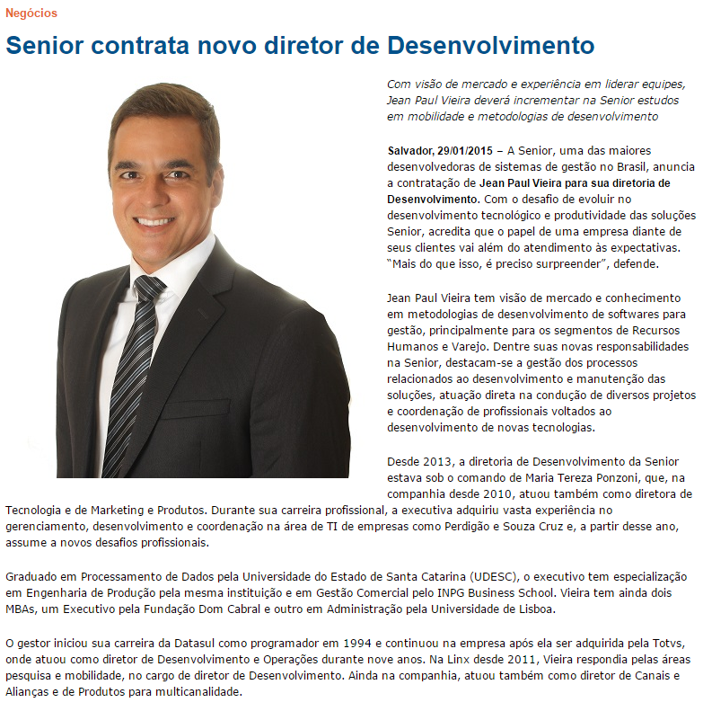 Senior contrata novo diretor de Desenvolvimento