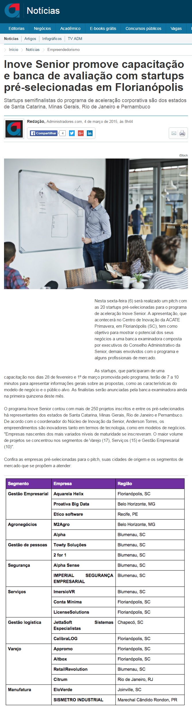 Inove Senior promove capacitação e banca de avaliação com startups pré-selecionadas em Florianópolis