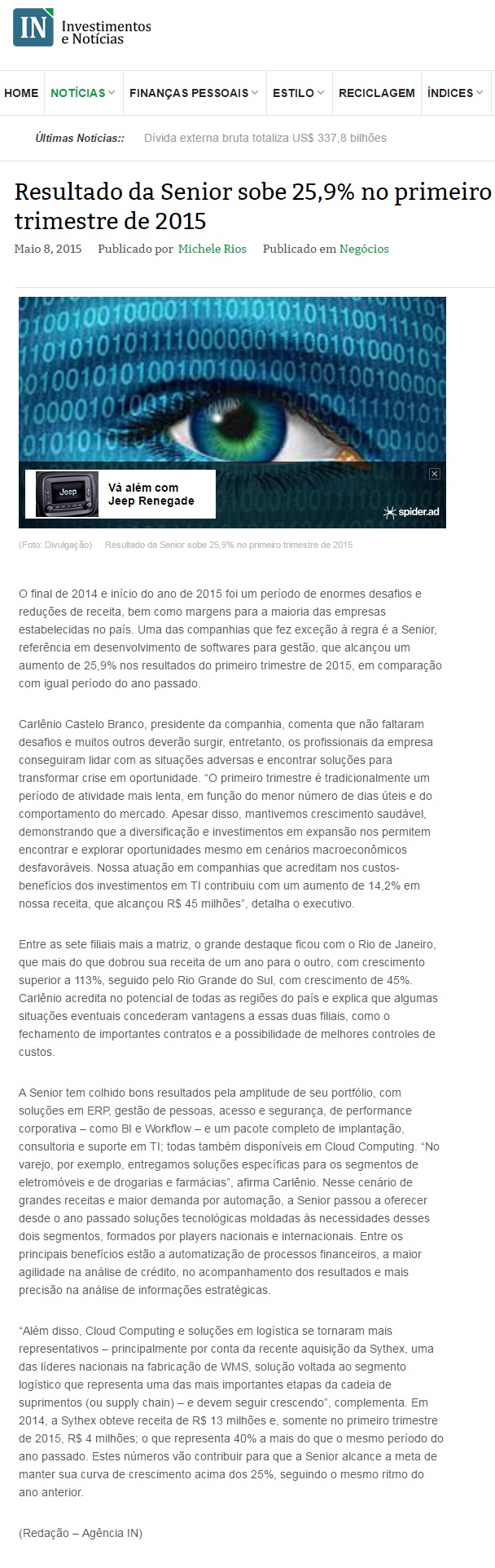 Resultado da Senior sobe 25,9% no primeiro trimestre de 2015