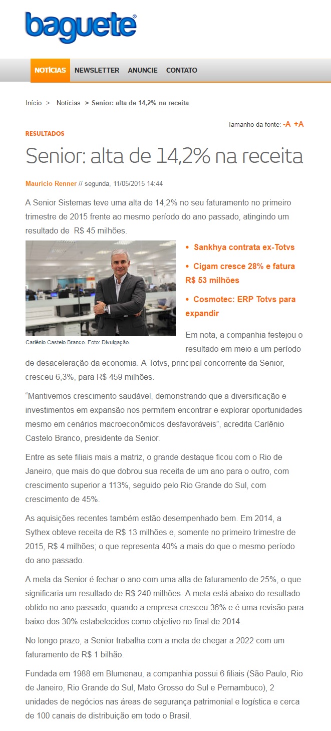 Senior: alta de 14,2% na receita