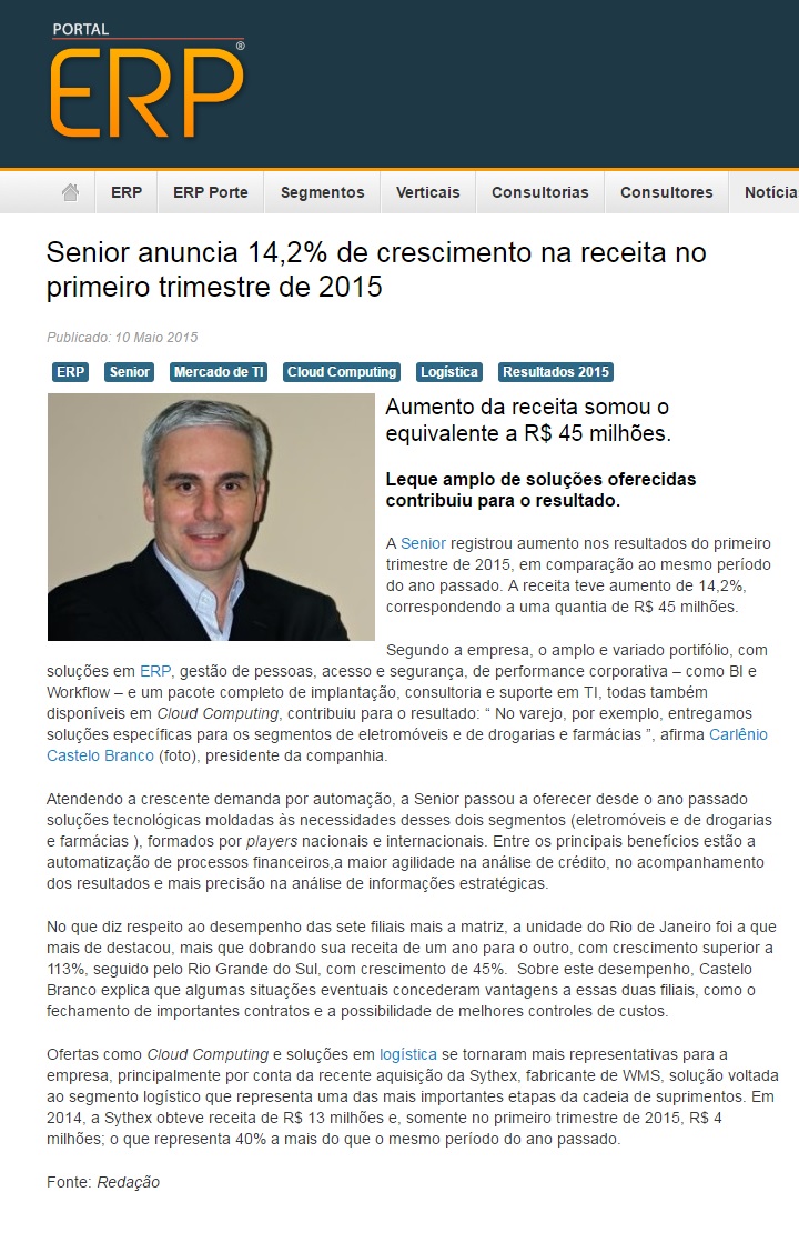 Senior anuncia 14,2% de crescimento na receita no primeiro trimestre de 2015