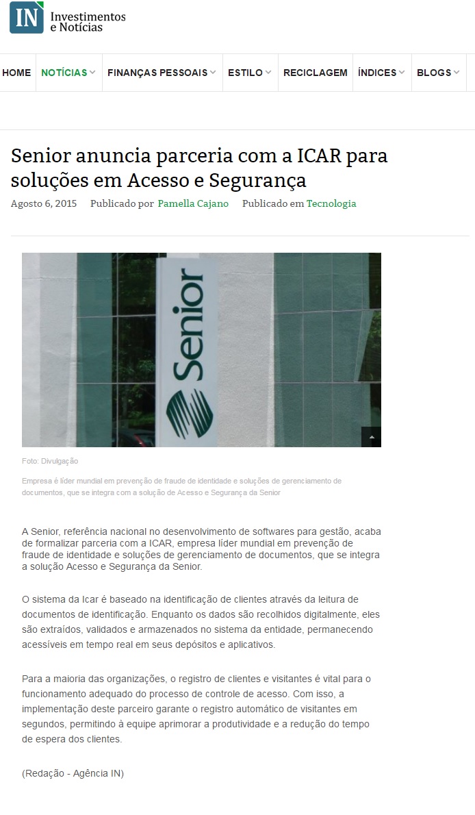 Senior anuncia parceria com a ICAR para soluções em Acesso e Segurança