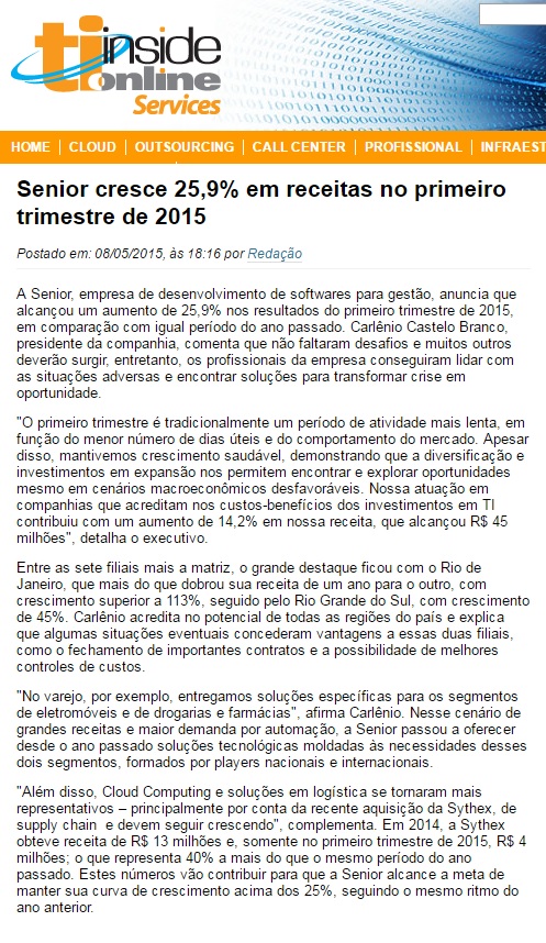 Senior cresce 25,9% em receitas no primeiro trimestre de 2015