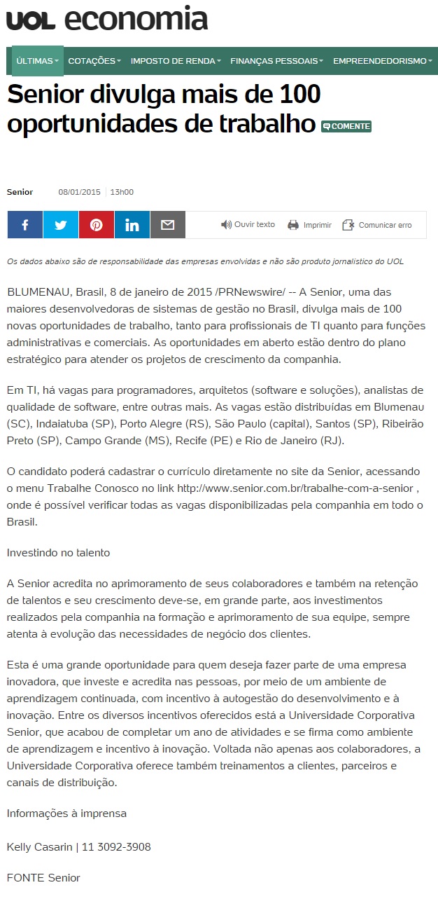 Senior divulga mais de 100 oportunidades de trabalho
