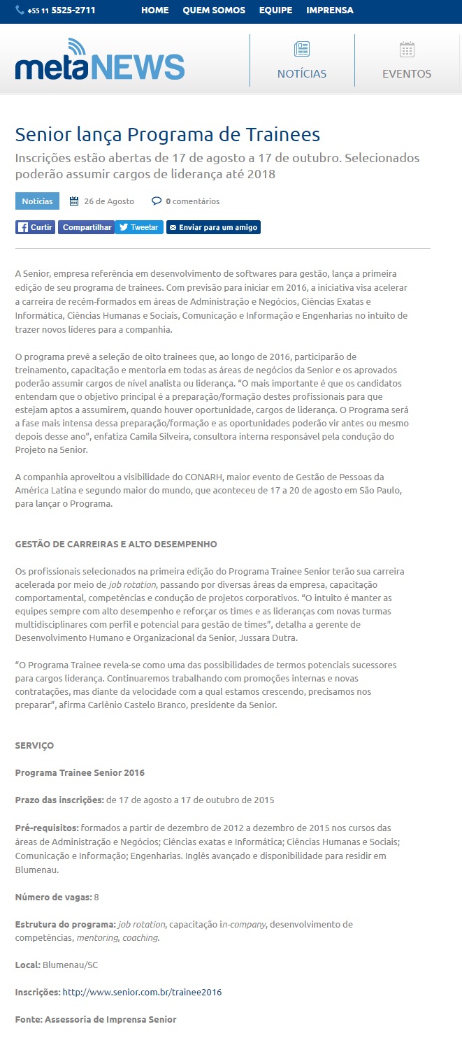 Senior lança Programa de Trainees