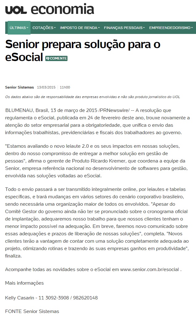 Senior prepara solução para o eSocial