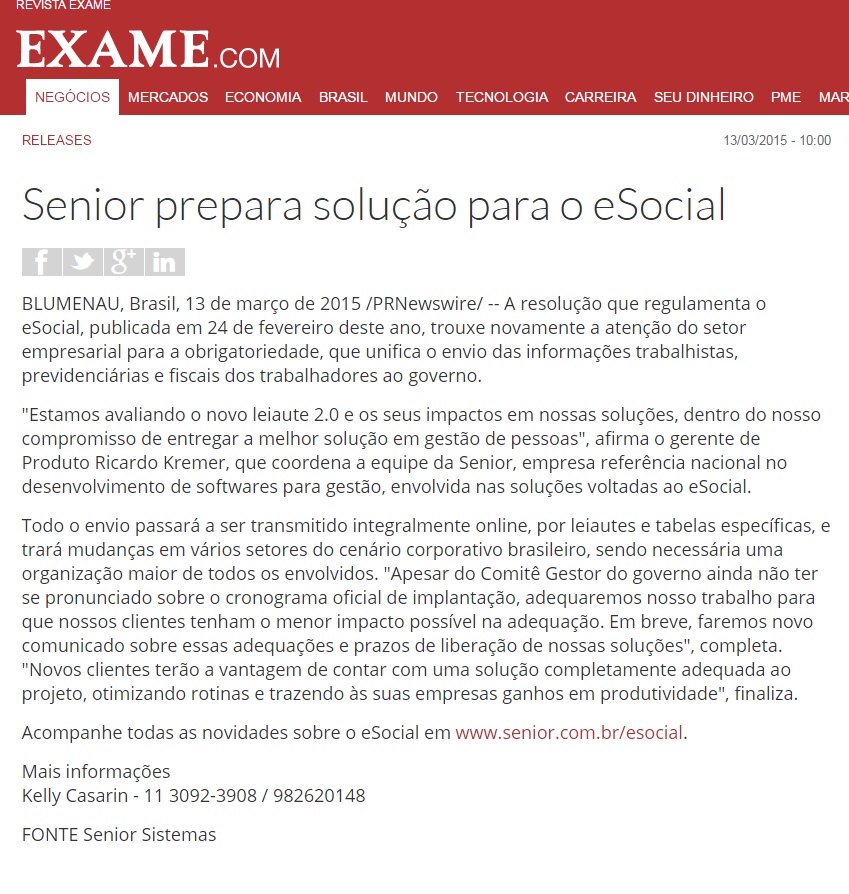 Senior prepara solução para o eSocial