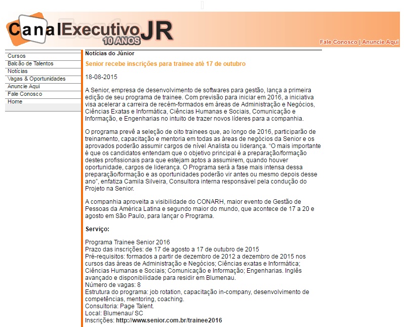 Senior recebe inscrições para trainee até 17 de outubro