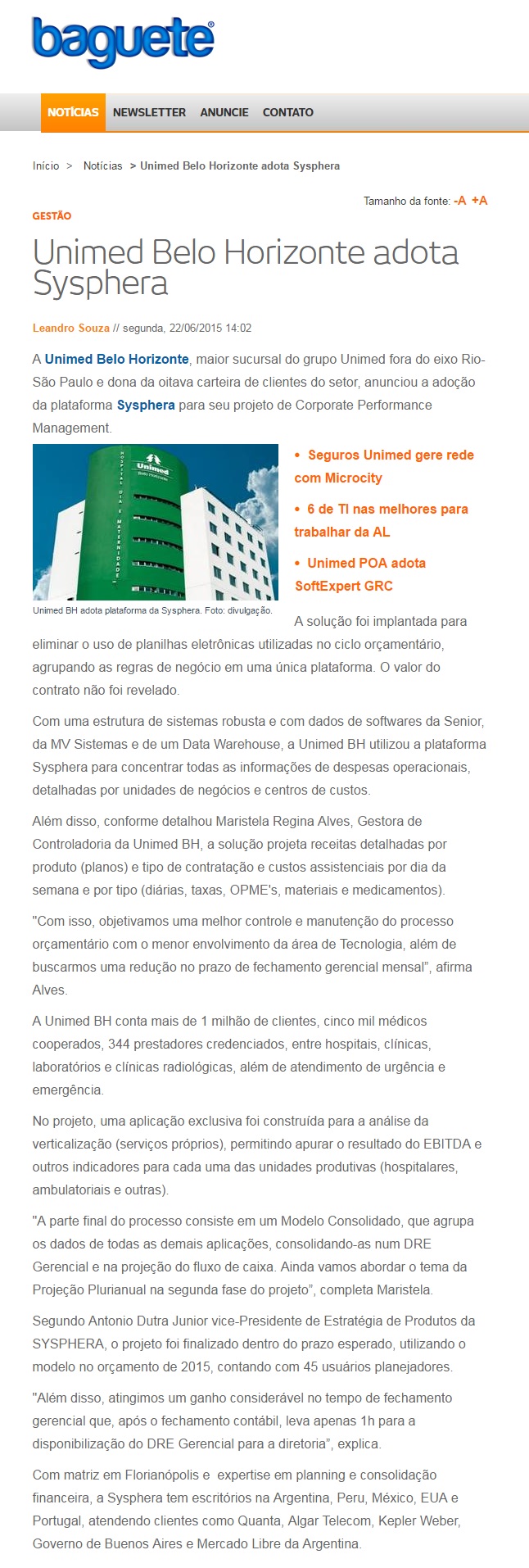 Unimed Belo Horizonte adota Sysphera