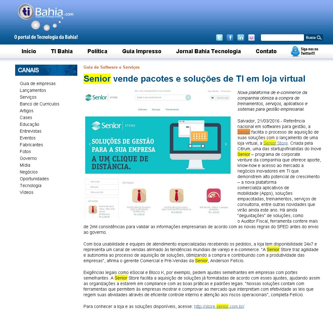 Senior vende pacotes e soluções de TI em loja virtual