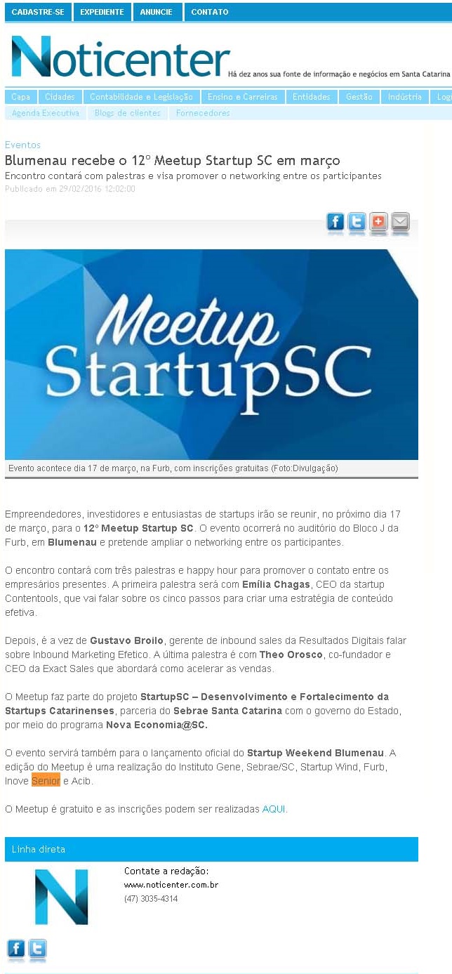 Blumenau recebe o 12º Meetup Startup SC em março