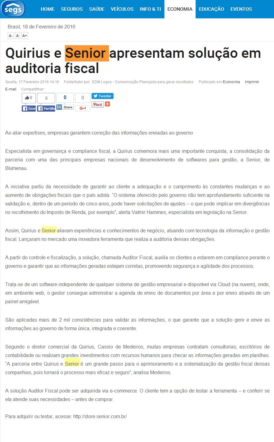 Quirius e Senior apresentam solução em auditoria fiscal.