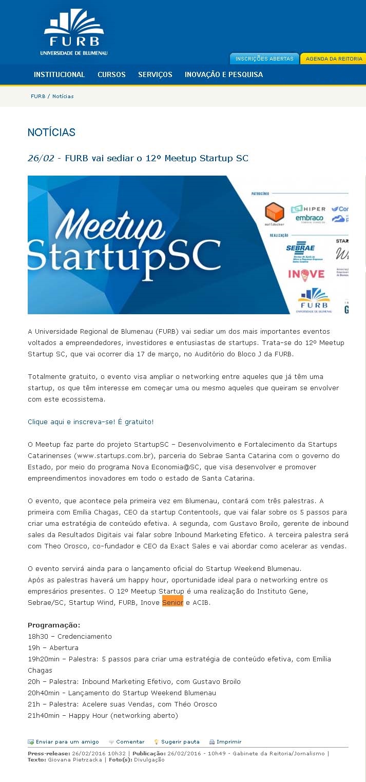 Furb vai sediar o 12º Meetup Startup SC