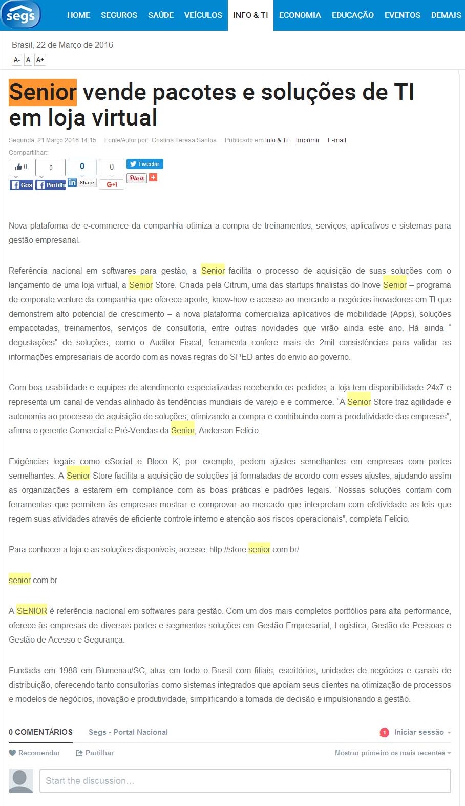 Senior vende pacotes e soluções de TI em loja virtual