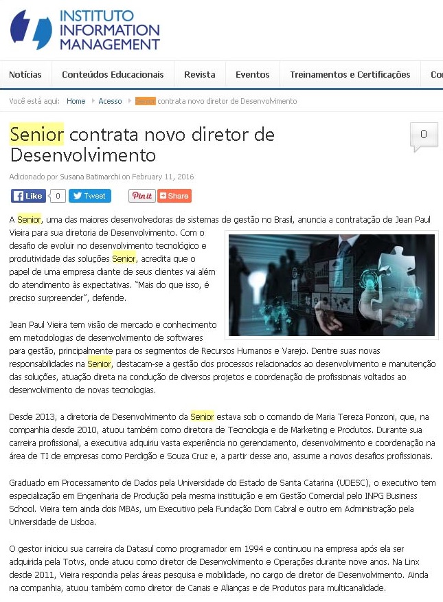 Senior contrata novo diretor de Desenvolvimento