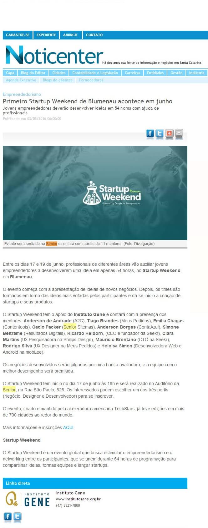 NOTICENTER | Primeiro Startup Weekend de Blumenau acontece em junho