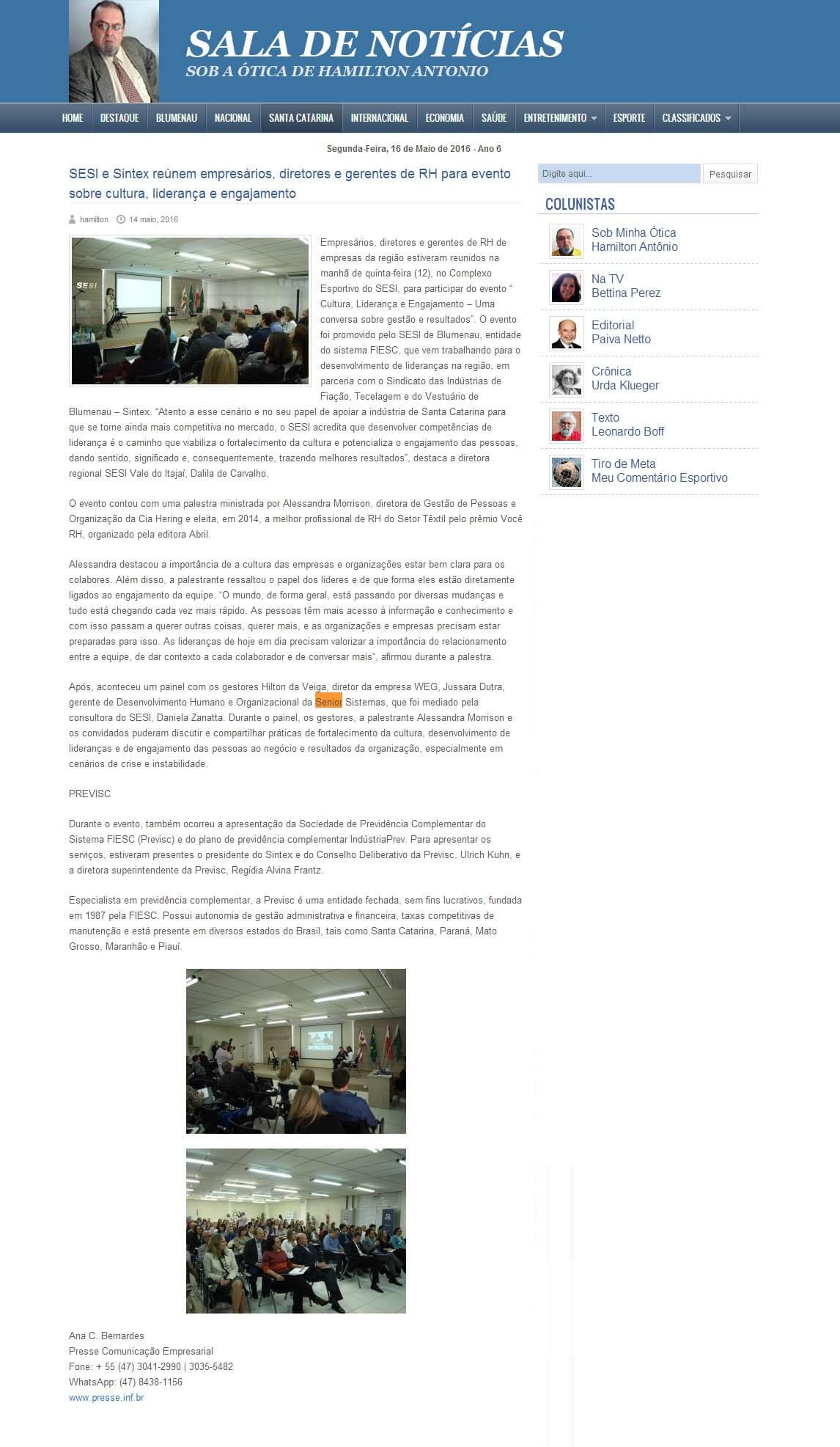 SALA DE NOTÍCIAS | Sesi e Sintex reúnem empresários, diretores e gerentes de RH para evento sobre cultura, liderança e engajamento