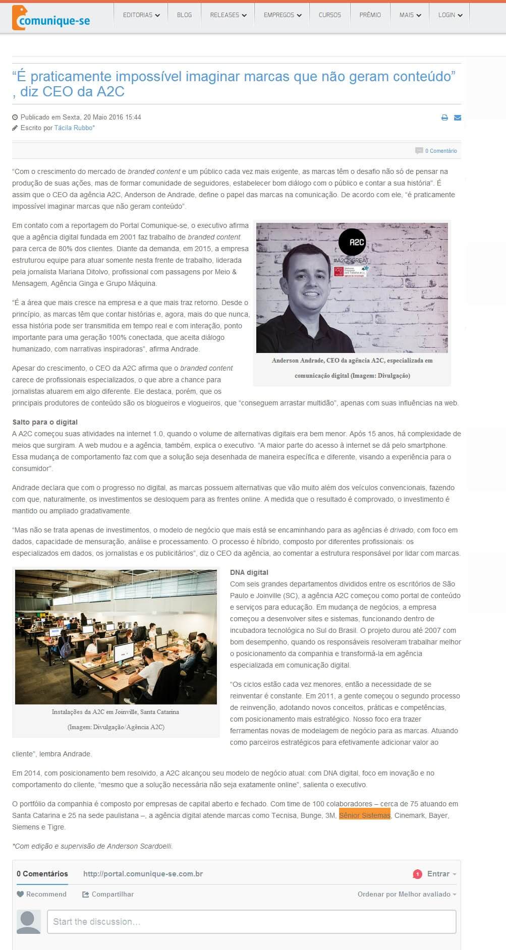 COMUNIQUE-SE | “É praticamente impossível imaginar marcas que não geram conteúdo”, diz CEO da A2C