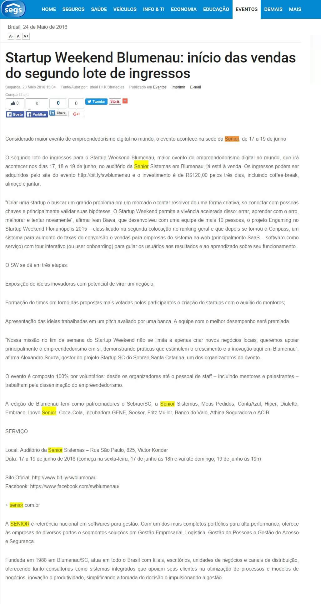 SEGS | Startup Weekend Blumenau: início das vendas do segundo lote de ingressos