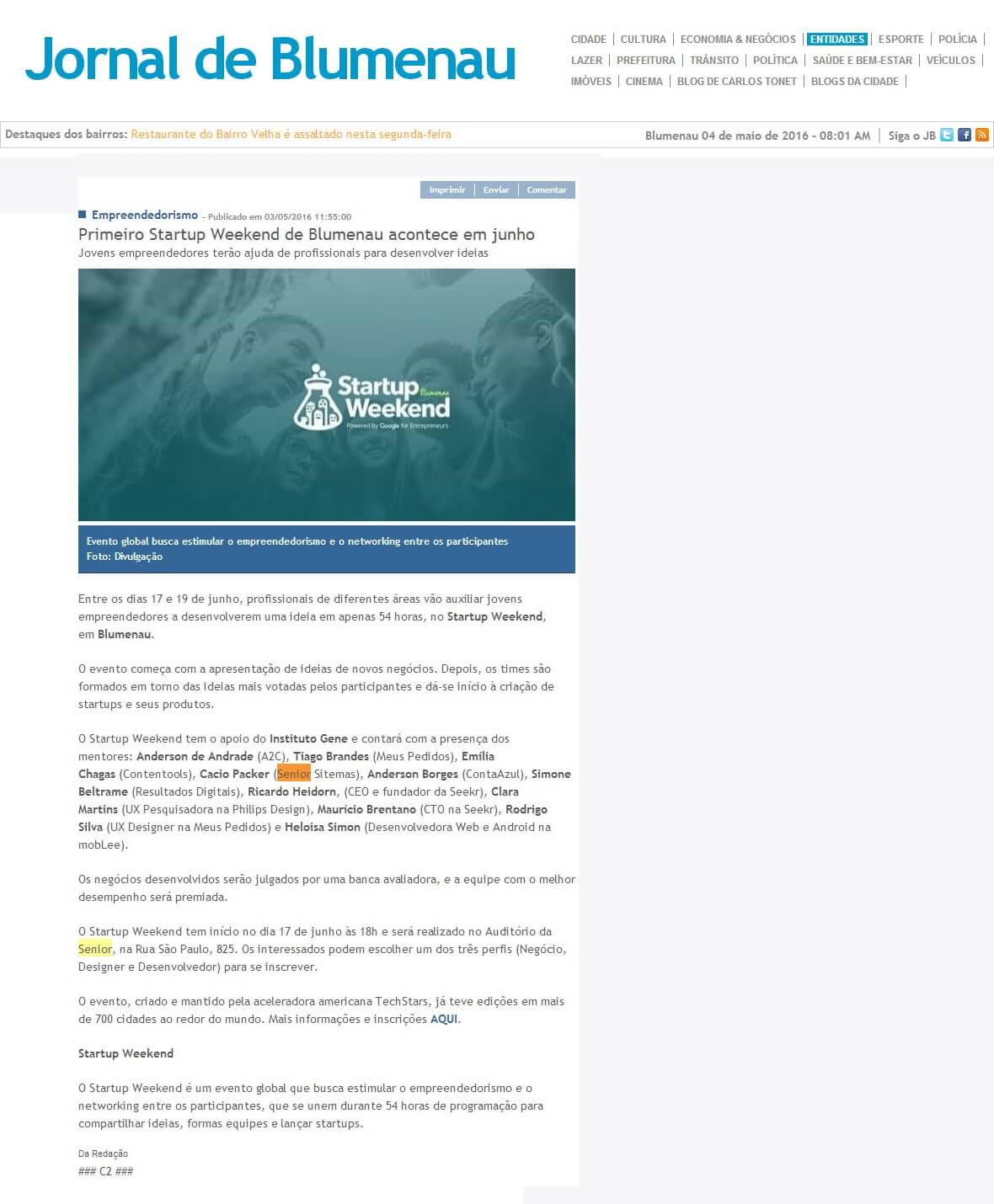 JORNAL DE BLUMENAU | Primeiro Startup Weekend de Blumenau acontece em junho
