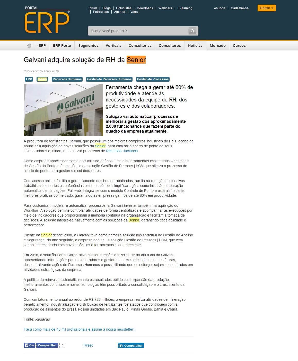 PORTAL ERP | Galvani adquire solução de RH da Senior