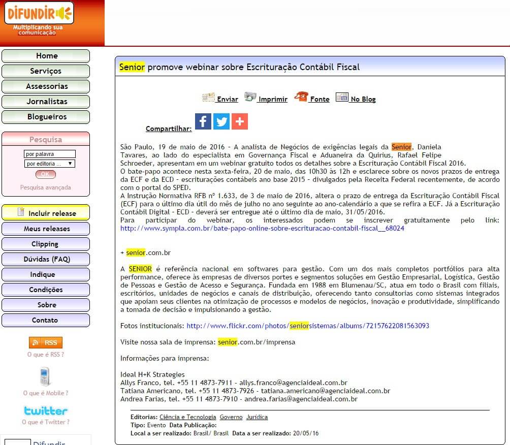 DIFUNDIR | Senior promove webinar sobre Escrituração Contábil e Fiscal