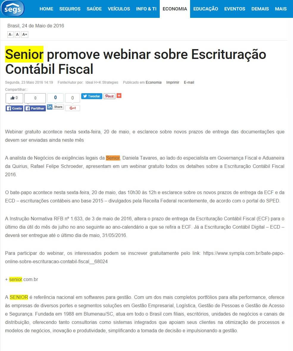 SEGS | Senior promove webinar sobre Escrituração Contábil Fiscal