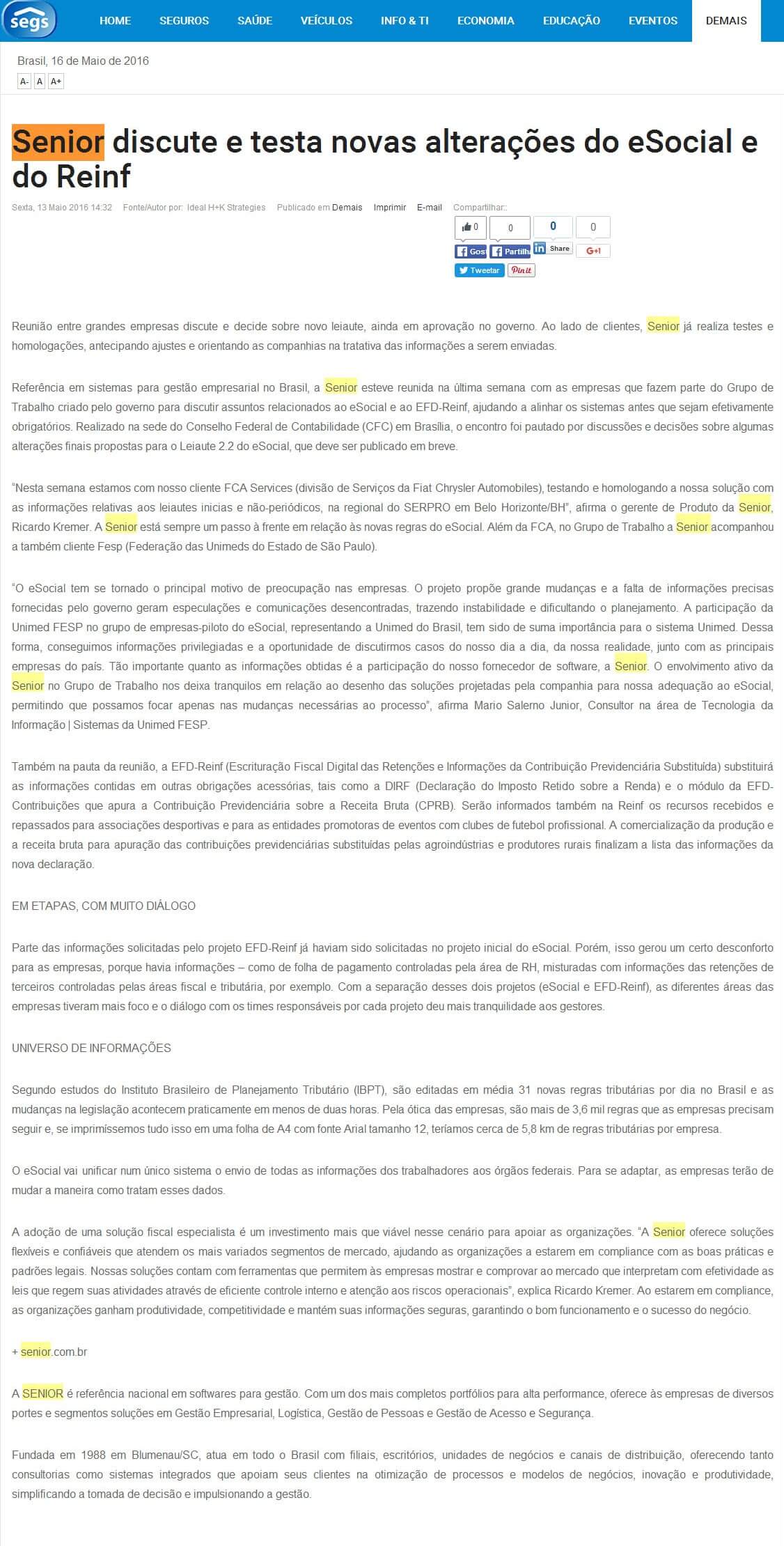 SEGS | Senior discute e testa novas alterações do eSocial e do Reinf