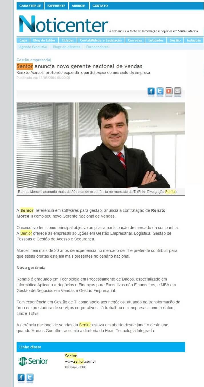 NOTICENTER | Senior anuncia novo gerente nacional de vendas