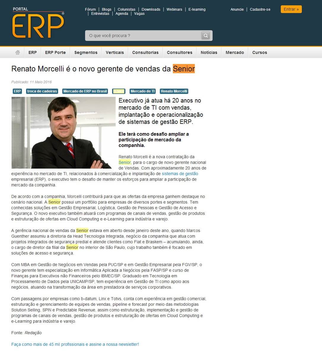 PORTAL ERP | Renato Morcelli é o novo gerente de vendas da Senior