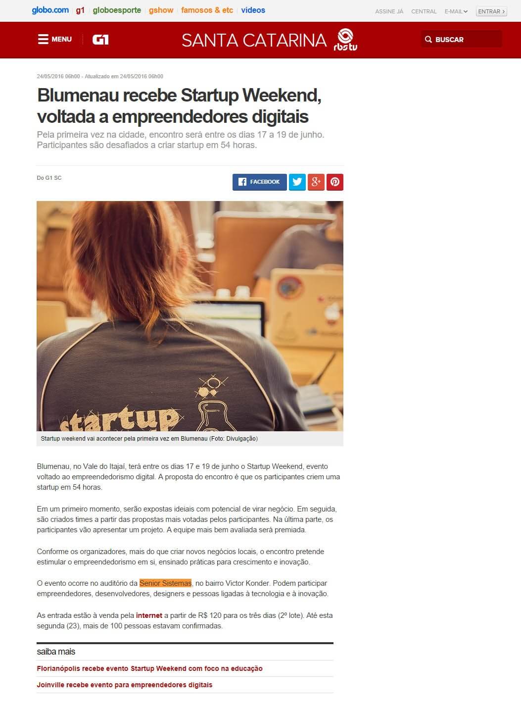 G1 | Blumenau recebe Startup Weekend, voltada a empreendedores digitais