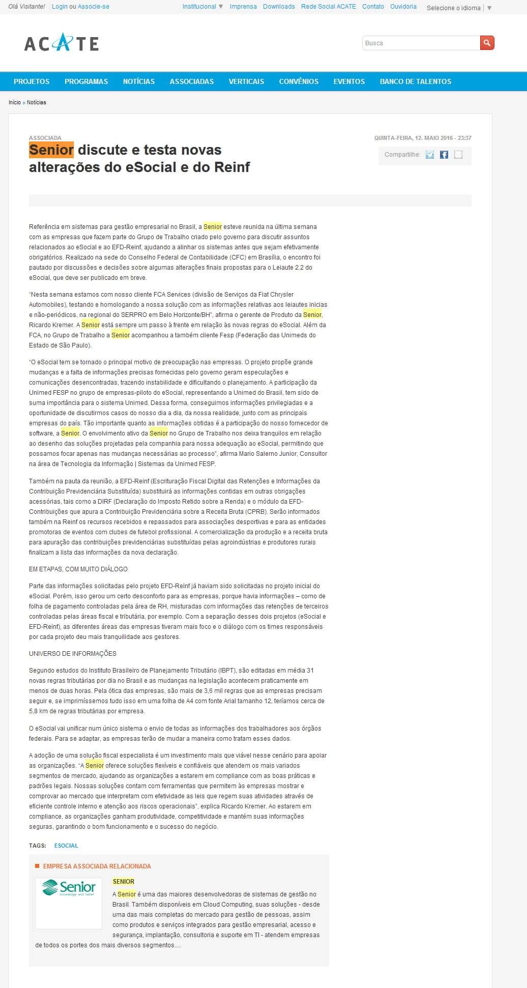 ACATE | Senior discute e testa novas alterações do eSocial e do Reinf